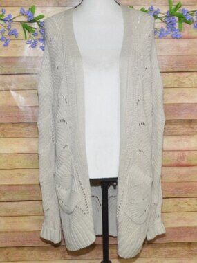 Pink Rose Oatmeal Tan Crochet Open Front Cardigan Sweater Size M Pockets Office